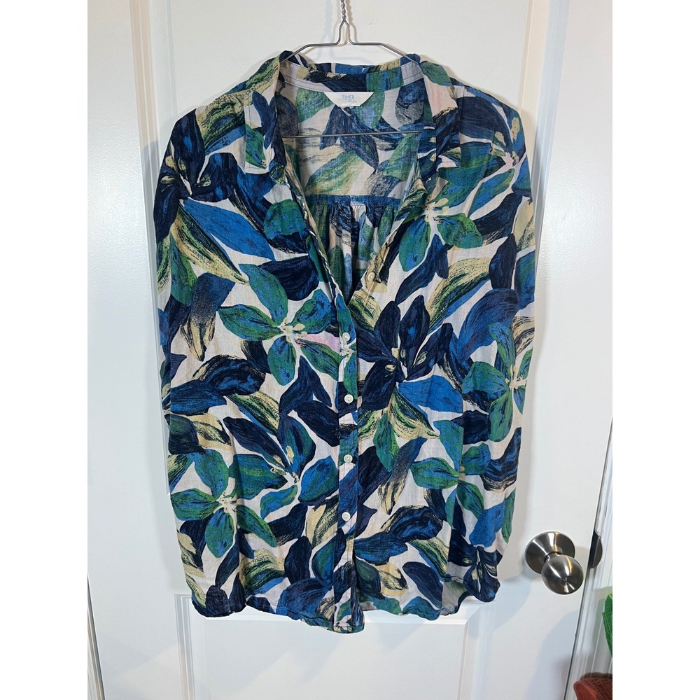 Time and Tru Womens Button Down Shirt Linen Blend Tropical Leaf Blue XL